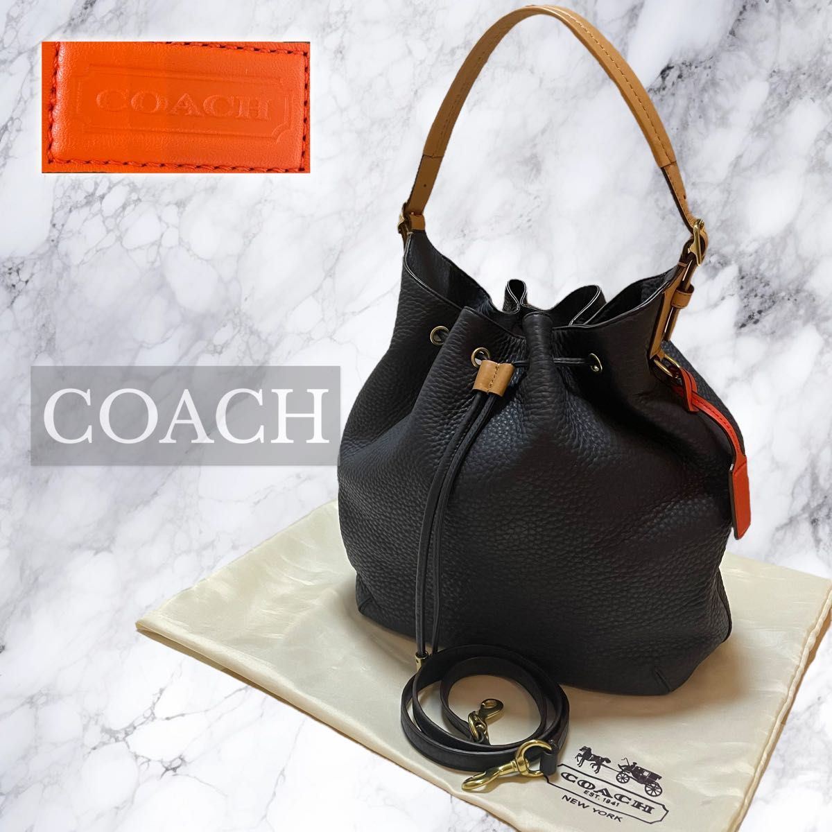 極美品 レア COACH コーチ 巾着 2way ショルダーバック ネイビー 本革 カーフレザー ハンドバッグ トートバッグ