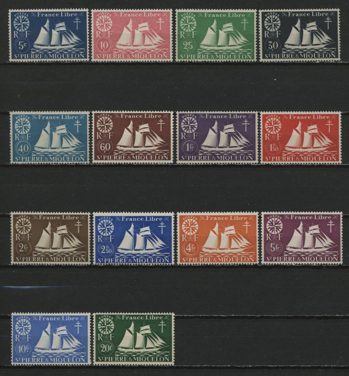 ∞サンピエール・ミクロン 1942年 普通切手/帆船 SC#300~13 未使用NH 14種完の画像1
