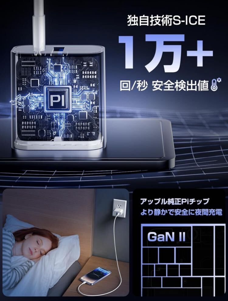 iphone 急速充電器 type-c 20W MFi認証&充電ケーブル 1m付きusb タイプc 二台同時充電 超低温 2ポート suchidol 超軽量 GaN採用 PSE認証_画像6