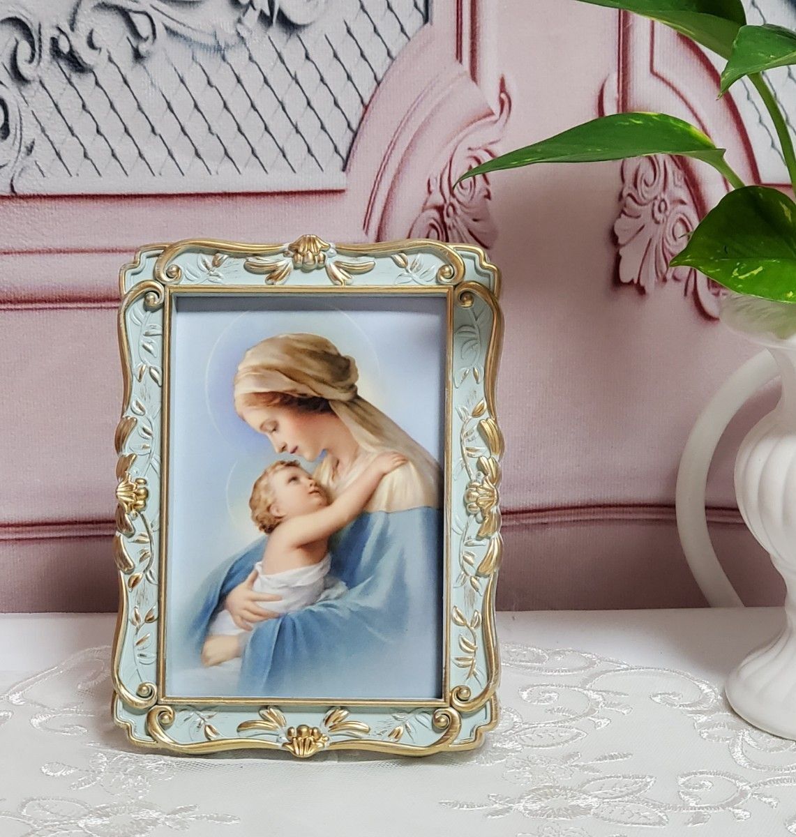 イタリア製聖母マリア＆聖子ホーリーカード額入り - アンティーク調アイスブルーお守りフレーム