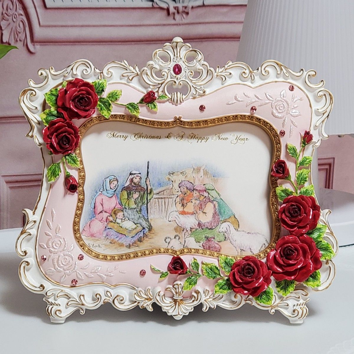 アンティーク調 写真立て フォトフレーム 姫系 バラ プリンセス ストーン 薔薇 のプリンセスフレーム付きクリスマスポストカード