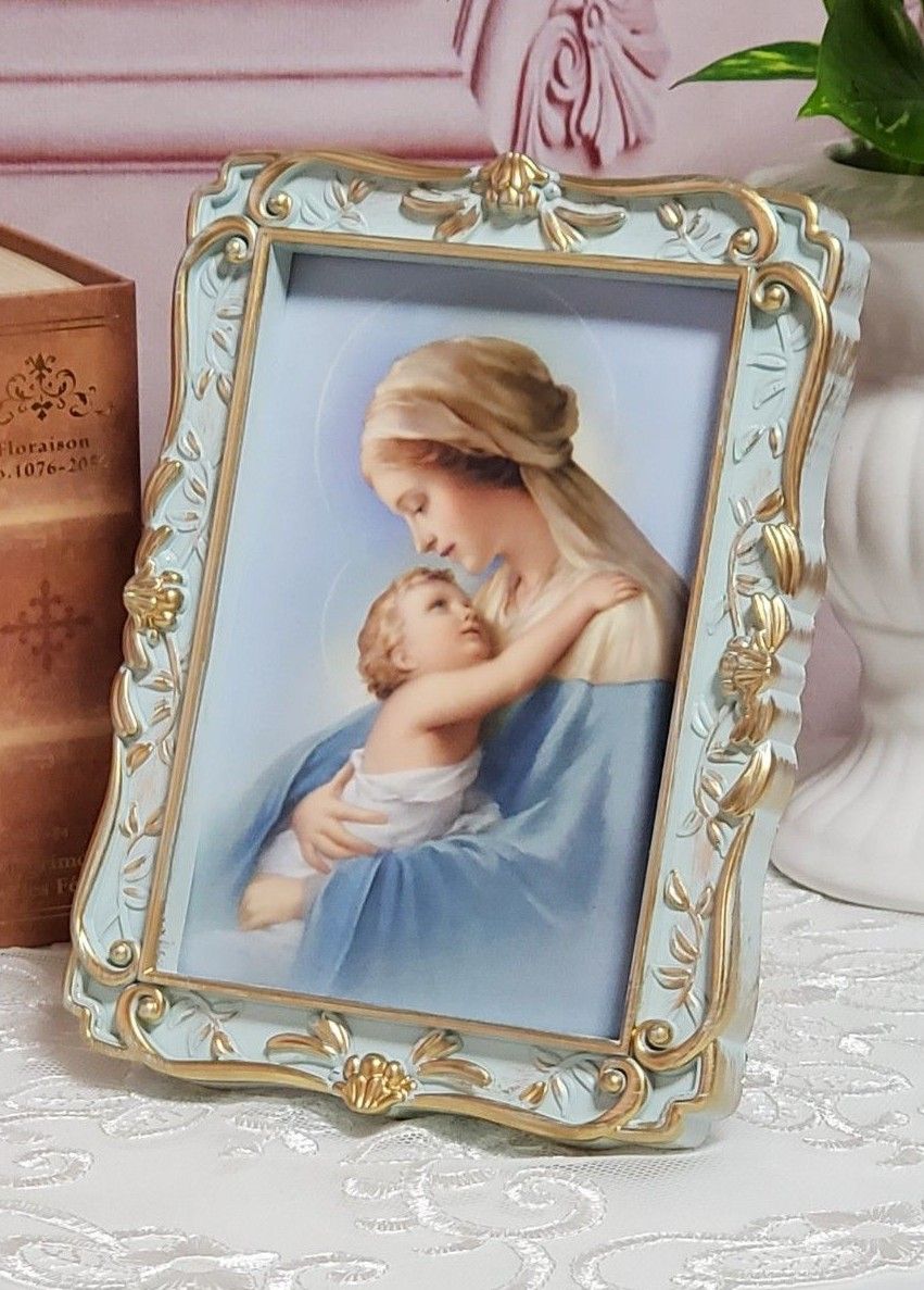イタリア製聖母マリア＆聖子ホーリーカード額入り - アンティーク調アイスブルーお守りフレーム