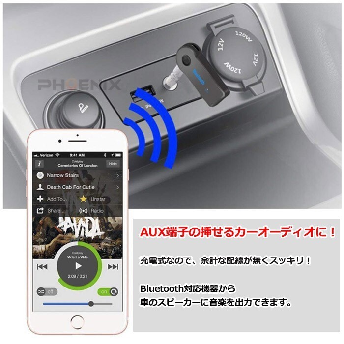 Bluetooth 3.0 レシーバー オーディオ USB AUX 充電式 ブルートゥース ミュージックレシーバー ワイヤレス iPad / iPhone / スマホ など_画像3