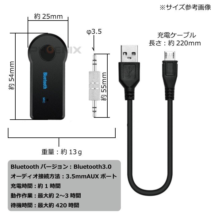 Bluetooth 3.0 レシーバー オーディオ USB AUX 充電式 ブルートゥース ミュージックレシーバー ワイヤレス iPad / iPhone / スマホ など_画像2