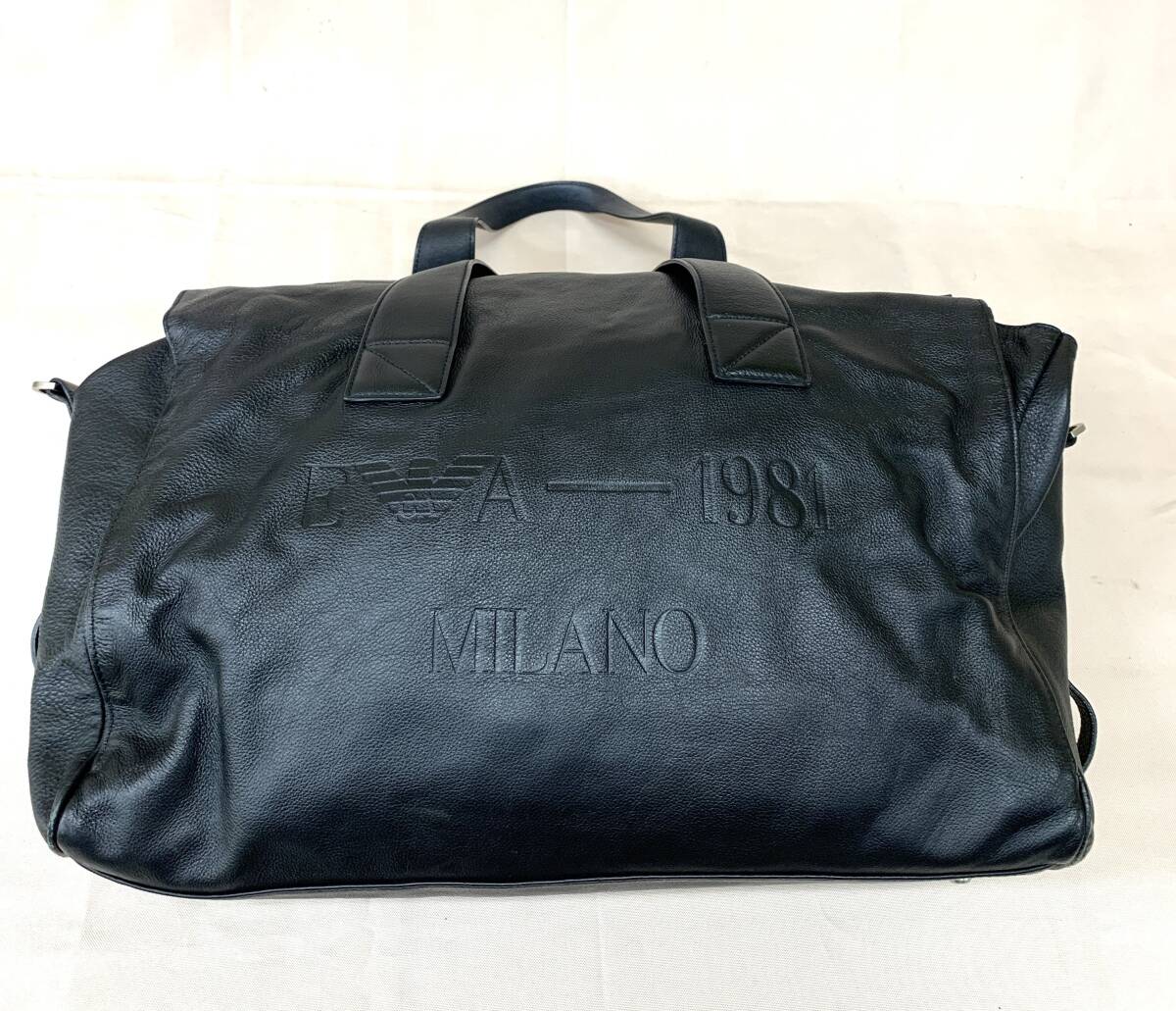 希少デザイン　即決！フルブラックレザー　ARMANI アルマーニ　EMPORIO　ARMANI　ボストンバッグ　レザーバッグ　大型ボストン旅行バッグ
