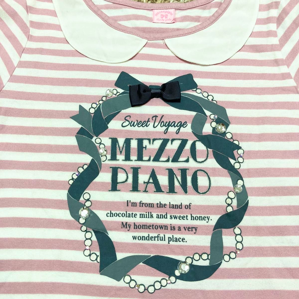 美品 メゾピアノ 140 襟付き半袖Tシャツ 夏物 トップス リボン レア 希少 ピンク 女の子 白襟