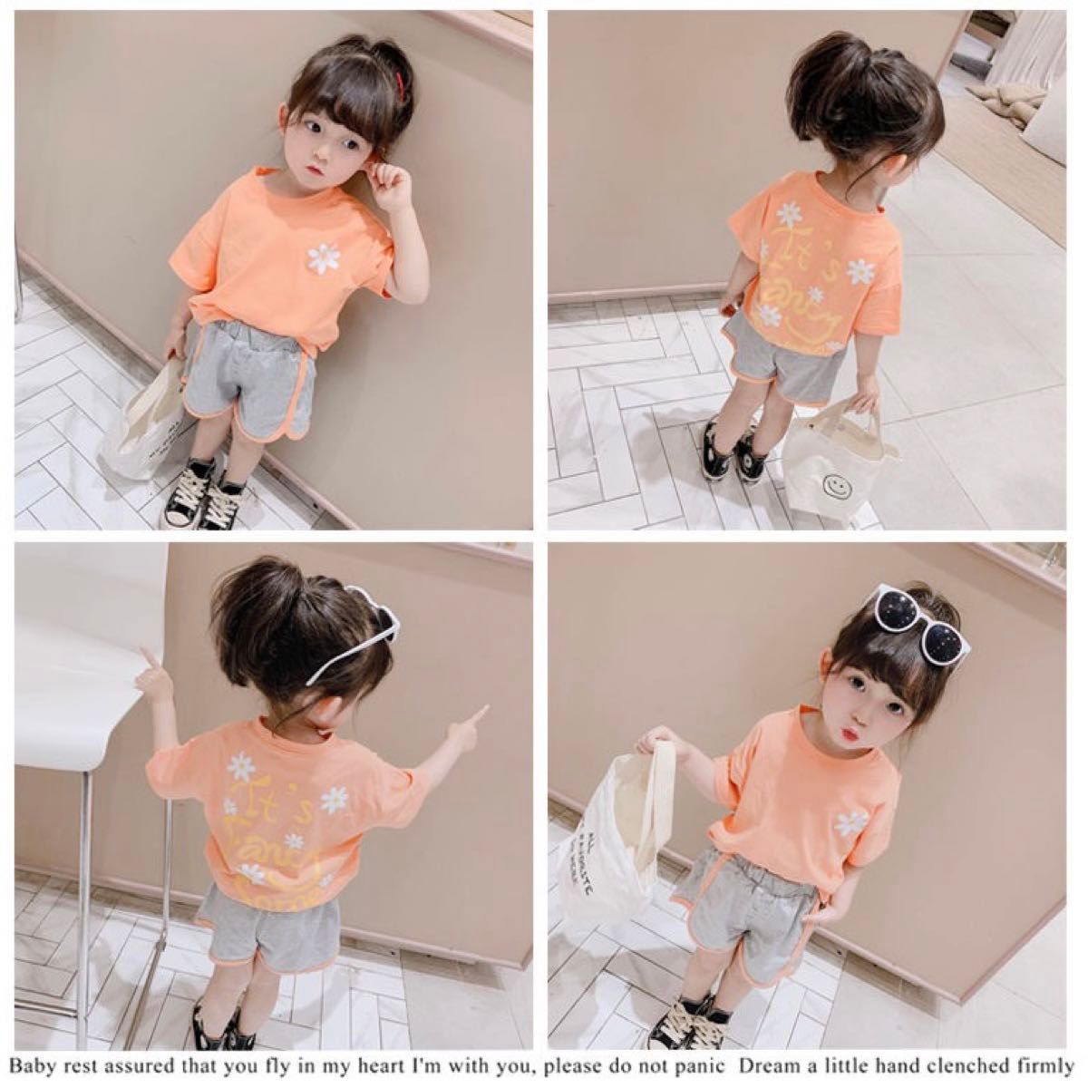 90 セットアップ 韓国子供服 夏服 Tシャツ ショートパンツ 花柄 うす橙 