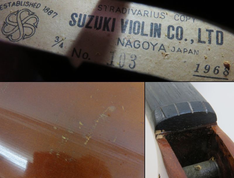 16741 久605-183　SUZUKI VIOLIN CO.LTD　No.103　1968　3/4　鈴木バイオリン　弦楽器　本体 ハードケース　中古品　ヤ120_画像7