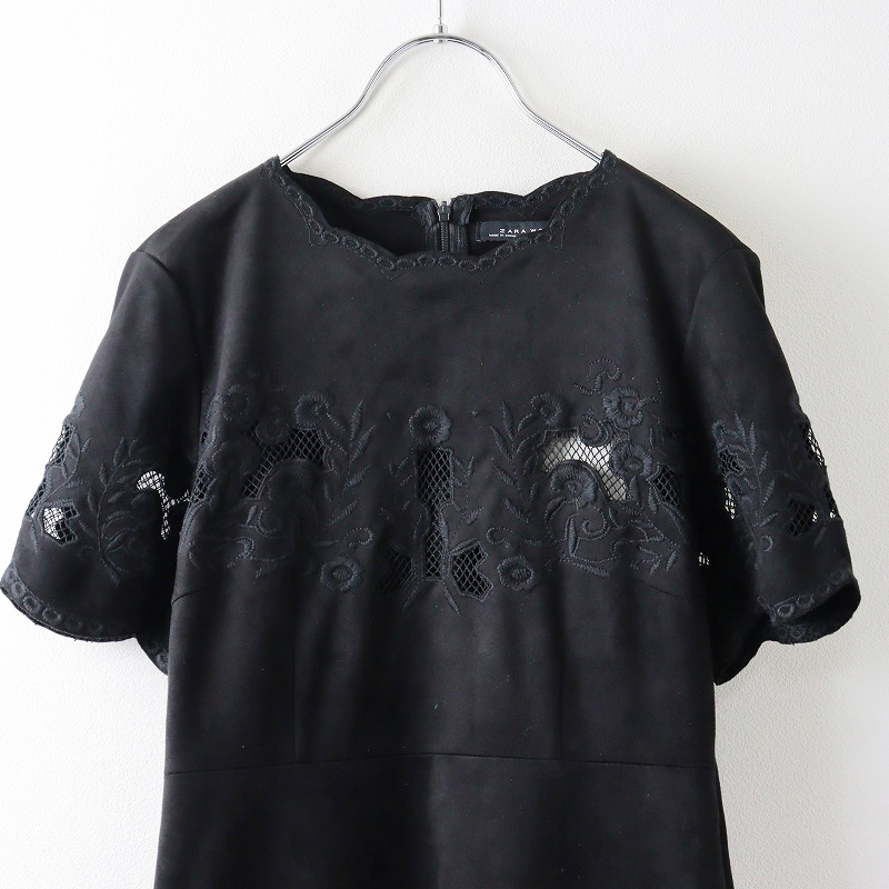 未使用 ザラウーマン ZARA WOMAN フラワー刺繍 スエード調 半袖ワンピース XS◇ブラック フラワー柄【2400030065815】_画像3