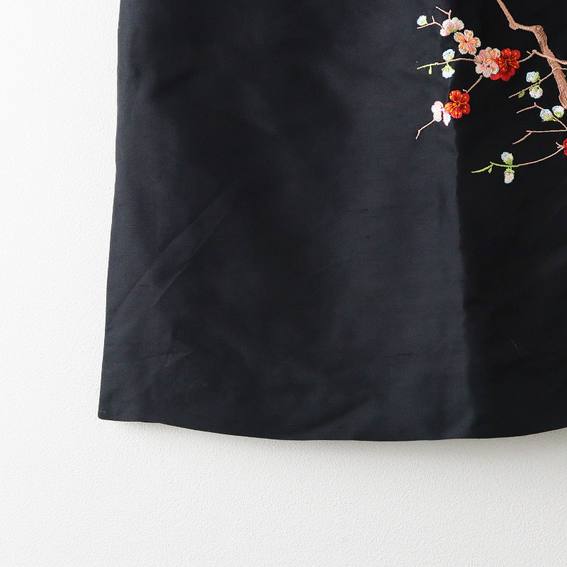 シャンハイタン 上海灘 SHANGHAI TANG 花刺繍 シルクスカート US6/ブラック フラワー スリット【2400013872225】_画像4