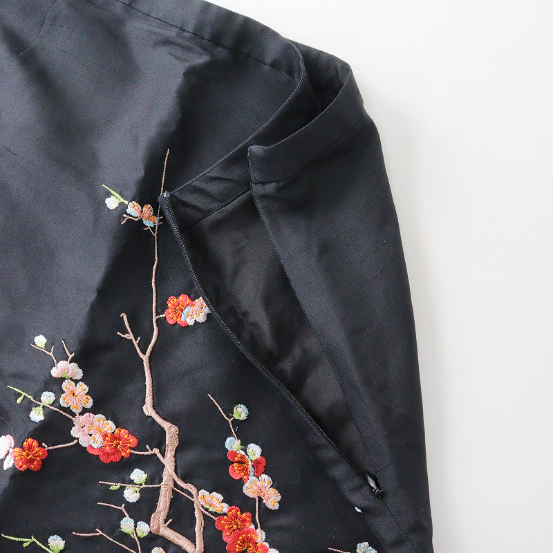 シャンハイタン 上海灘 SHANGHAI TANG 花刺繍 シルクスカート US6/ブラック フラワー スリット【2400013872225】_画像6
