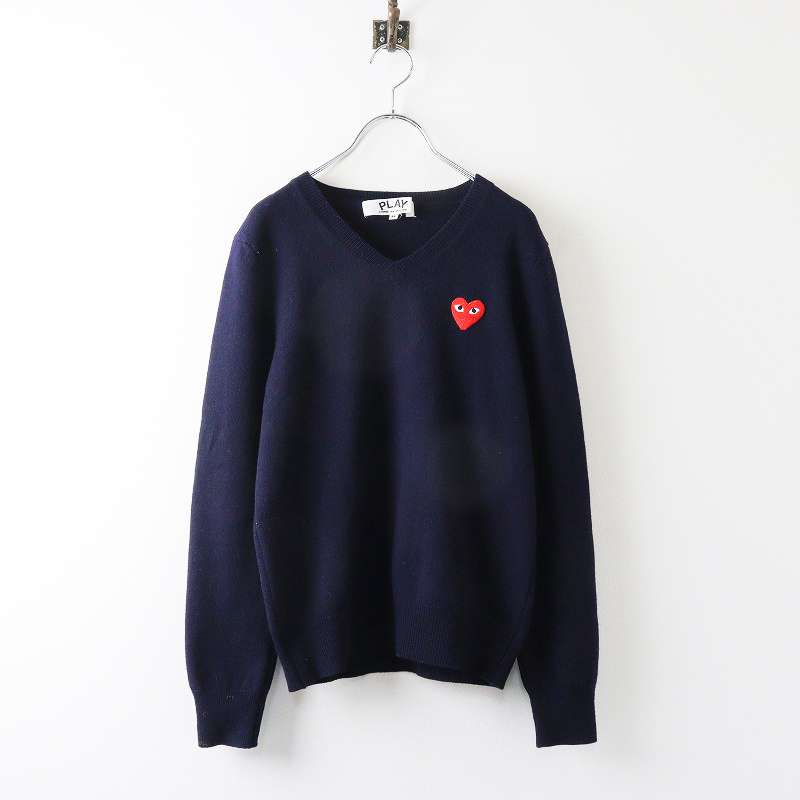 プレイコムデギャルソン PLAY COMME des GARCONS ハートワッペン Vネックニット M/ネイビー ウール セーター【2400013878265】_画像1