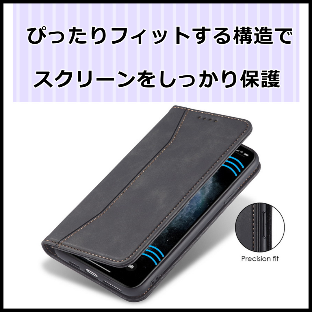 iPhone12 12Pro ケース 手帳型 スマホカバー アイフォン レザー シンプル ポケット ブラックの画像3