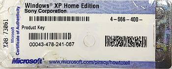  regular goods Pro duct key WindowsXP Home Edition SONY.. packet shipping free shipping secondhand goods payment on delivery un- possible WinXP-Home-SONY
