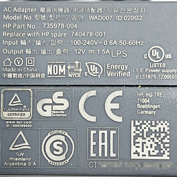 AC adaptor WAD007 020G2 735978-004 HP Pro Tablet 610 G1 100-240V 0.6A 12V 1.5A 50-60Hz operation verification settled PC parts repair parts YA3061