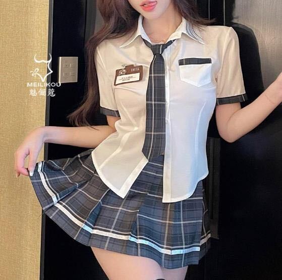 コスプレ 制服 大きめ L グレー 韓国 チェック 可愛い キャバクラ セクシー 可愛い 人気 _画像5