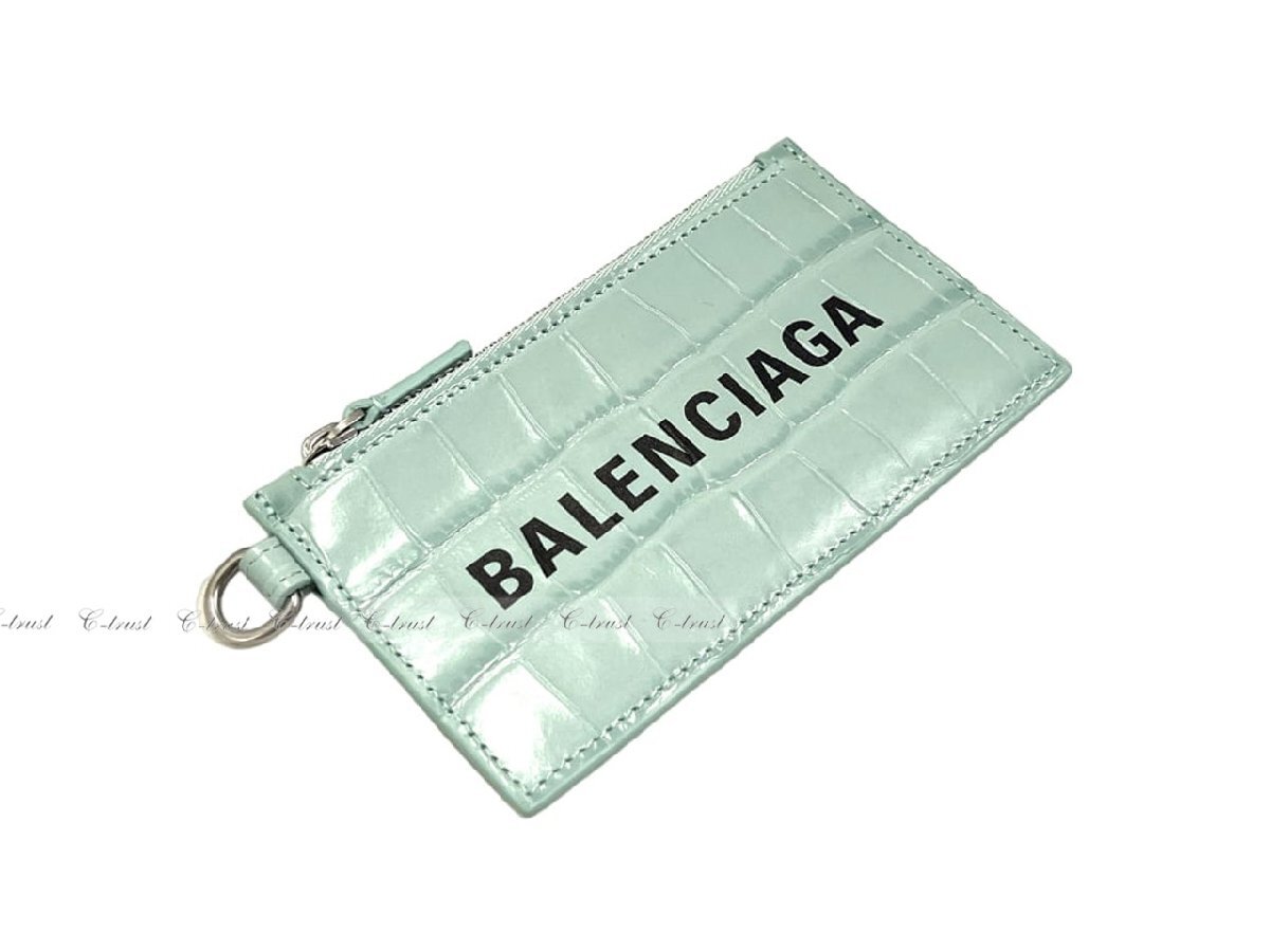 K196-GA.. BALENCIAGA バレンシアガ カードケース コインケース キーリングストラップ付 ロゴ イタリア製 ★ 3962 GREEN ACQUA_画像6