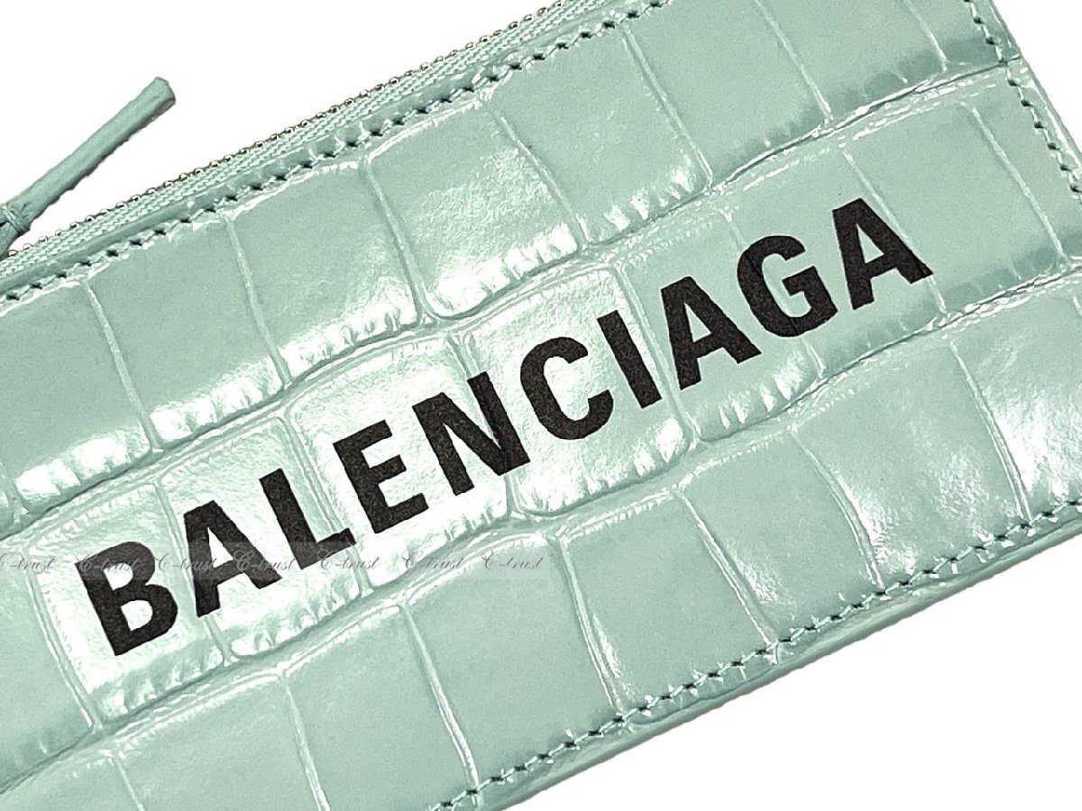 K196-GA.. BALENCIAGA バレンシアガ カードケース コインケース キーリングストラップ付 ロゴ イタリア製 新品 ★ 3962 GREEN ACQUA_画像5