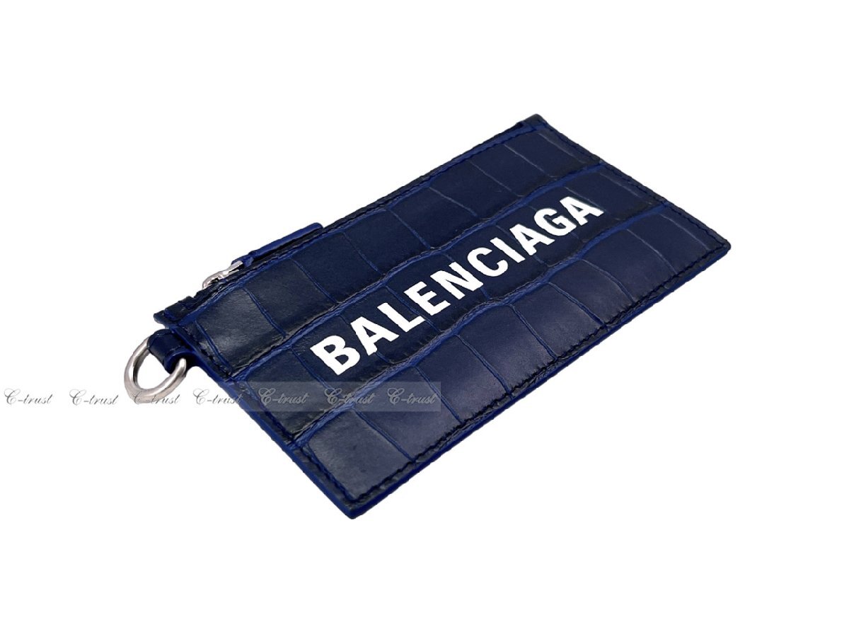 K196.. BALENCIAGA バレンシアガ カードケース キャッシュ キーリングストラップ付 クロコ型押し ロゴ イタリア製 ★ 4690 NAVY_画像5