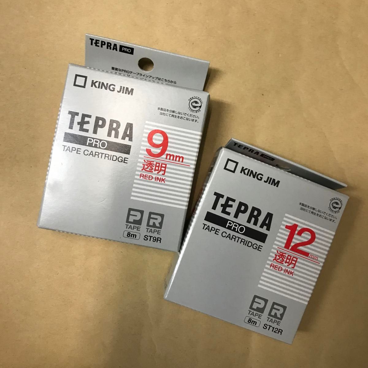 テプラ PROテープカートリッジ ST12R 12mm（透明・赤文字）とST9R 9mm(透明・赤文字) ２個セット