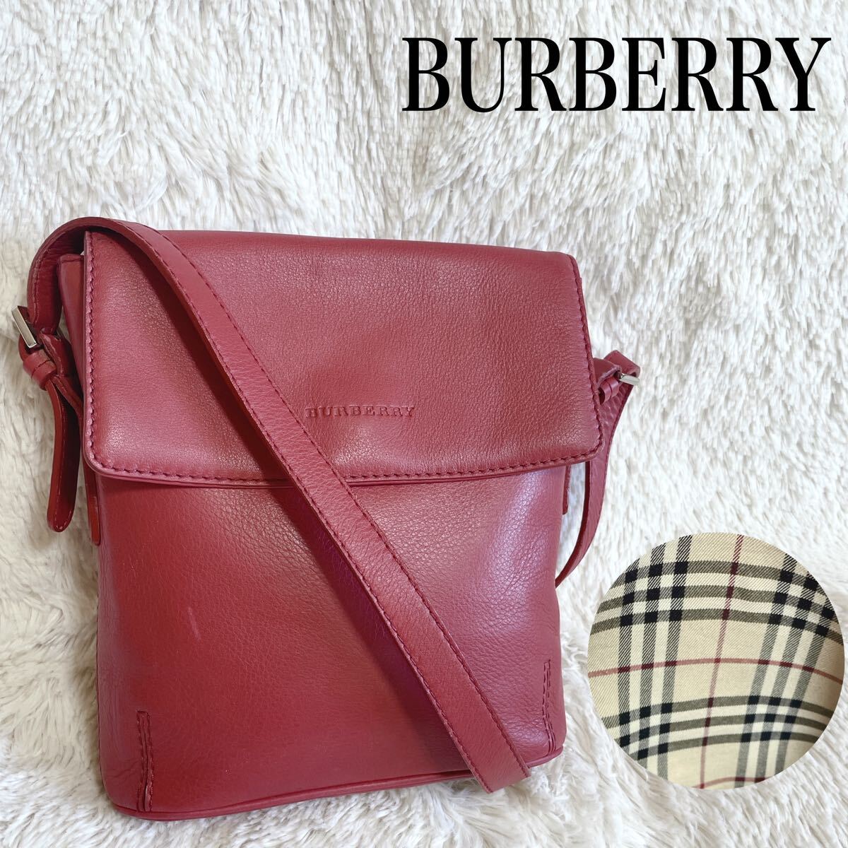 希少 BURBERRY オールレザー ノバチェック ロゴ ショルダーバッグ 赤 バーバリー_画像1