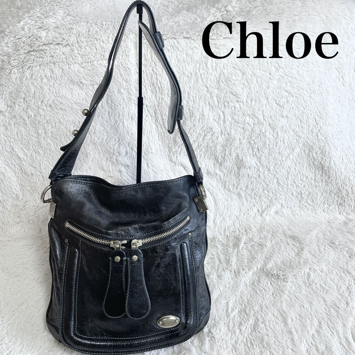 Chloe クロエ ベイ オールレザー ショルダーバッグ ロゴ ブラック 黒_画像1