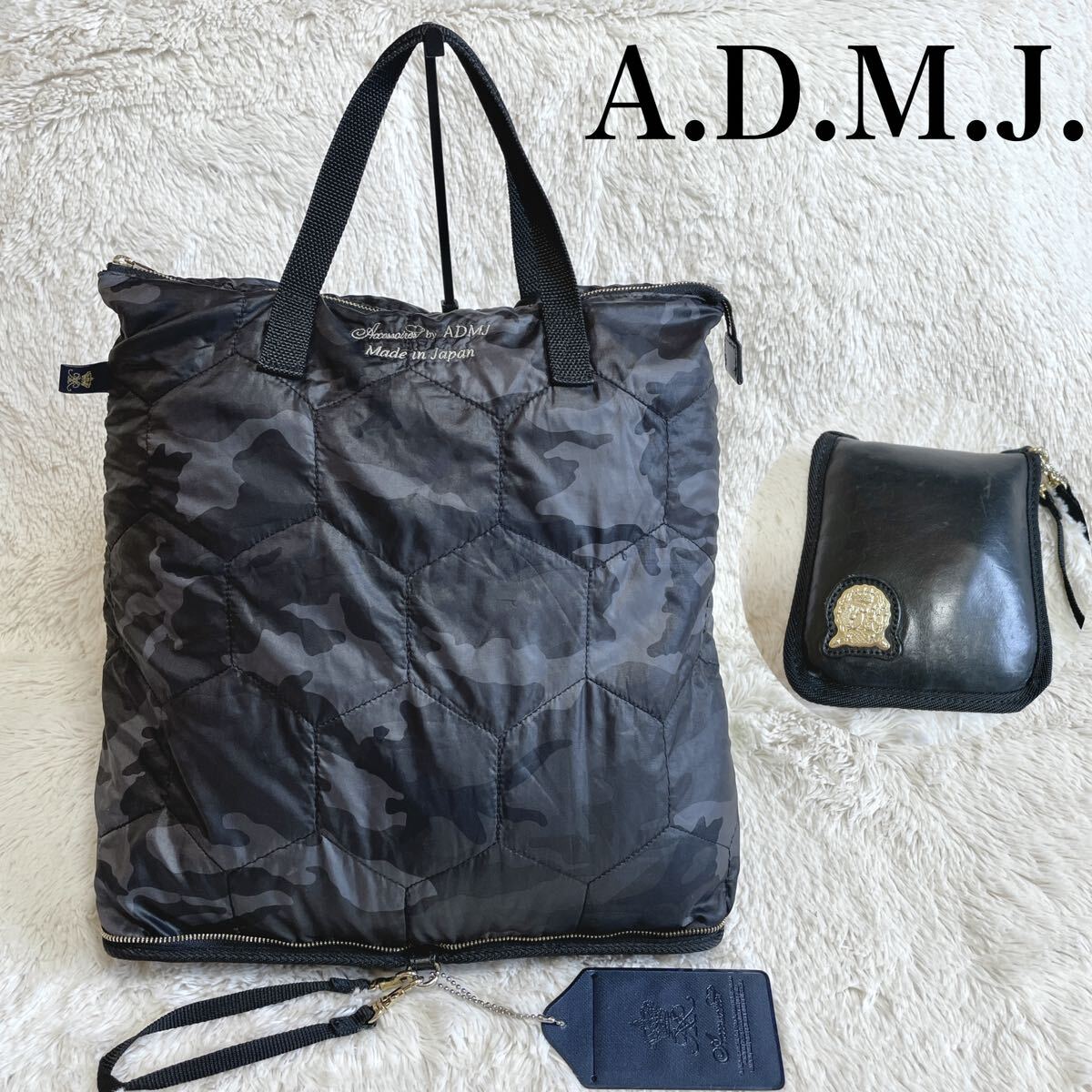 美品 希少 A.D.M.J. 折りたたみ レザー ナイロン トートバッグ 迷彩 カモフラ_画像1