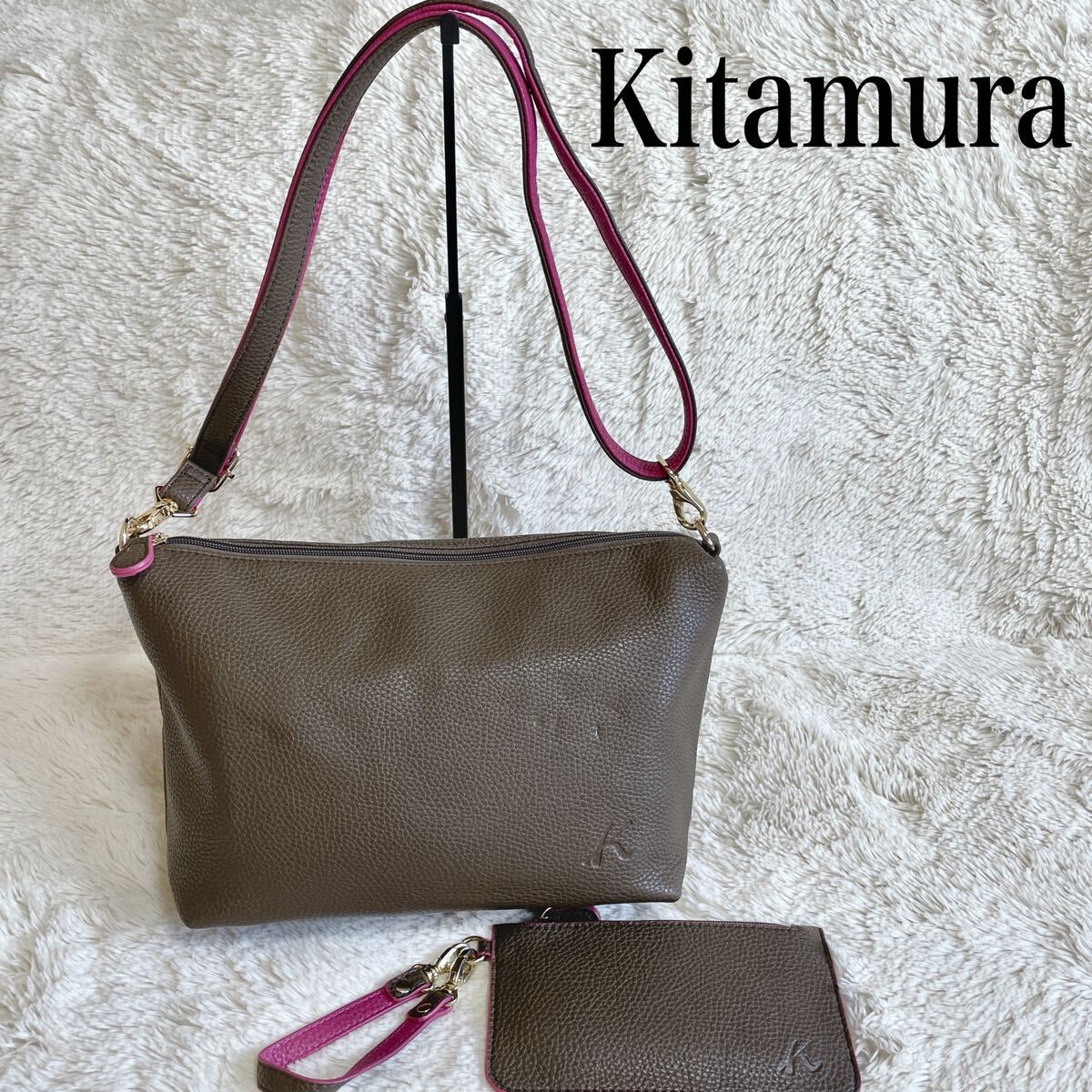 美品 Kitamura ポーチ付き ショルダーバッグ アクセサリーポーチ レザー キタムラ