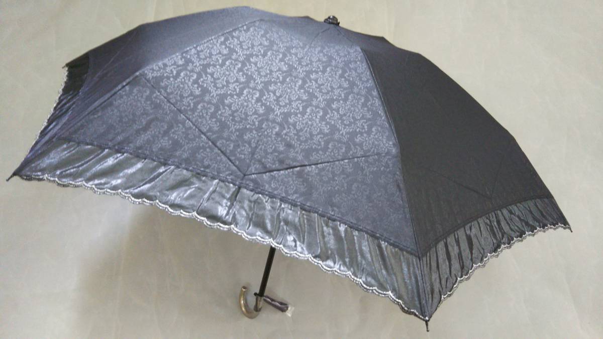 晴雨兼用傘 日傘 折りたたみ傘 柄＆無地オーガンジー切継ぎ 縁シルバー 新品の画像1