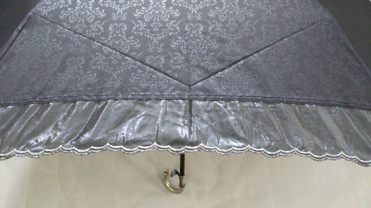 晴雨兼用傘 日傘 折りたたみ傘 柄＆無地オーガンジー切継ぎ 縁シルバー 新品の画像2