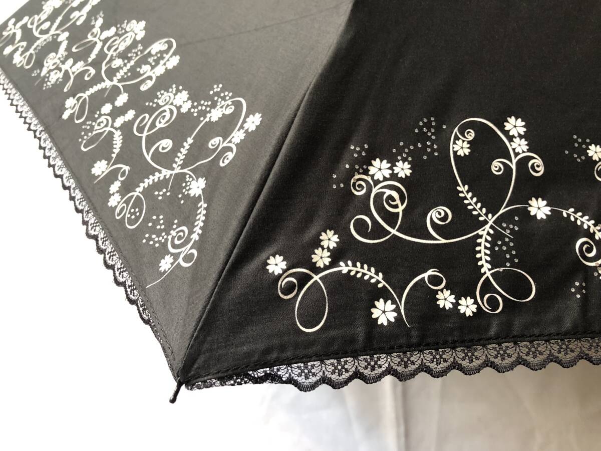 晴雨兼用傘 折たたみ傘 レディース 日傘 雨傘 花柄プリント縁レース 新品 黒の画像8