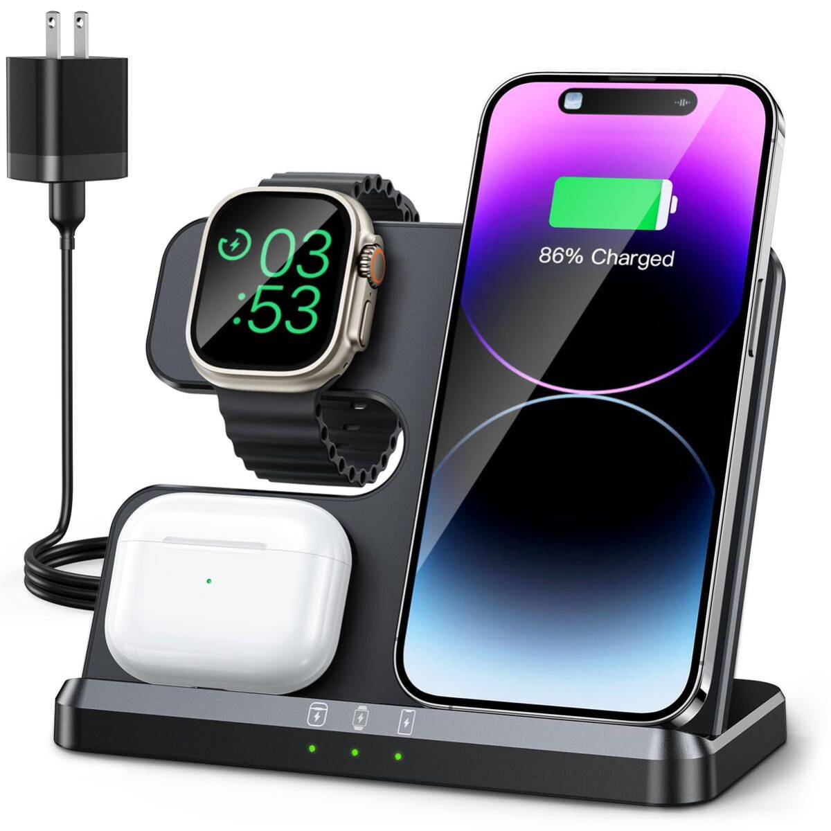 ワイヤレス充電器3in1アップルウォッチ充電器同時にiPhone/Apple Watch/AirPods に対応 急速充電置くだけワイヤレス充電器 iPhone 