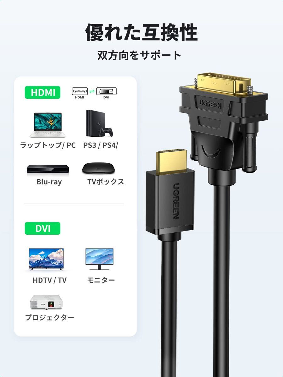 UGREEN DVI HDMI 変換ケーブル 双方向 DVI-D HDMI 変換アダプタ 1080P対応 金メッキ端子 PS4 Switch DVDレコーダー パソコン 1mの画像2