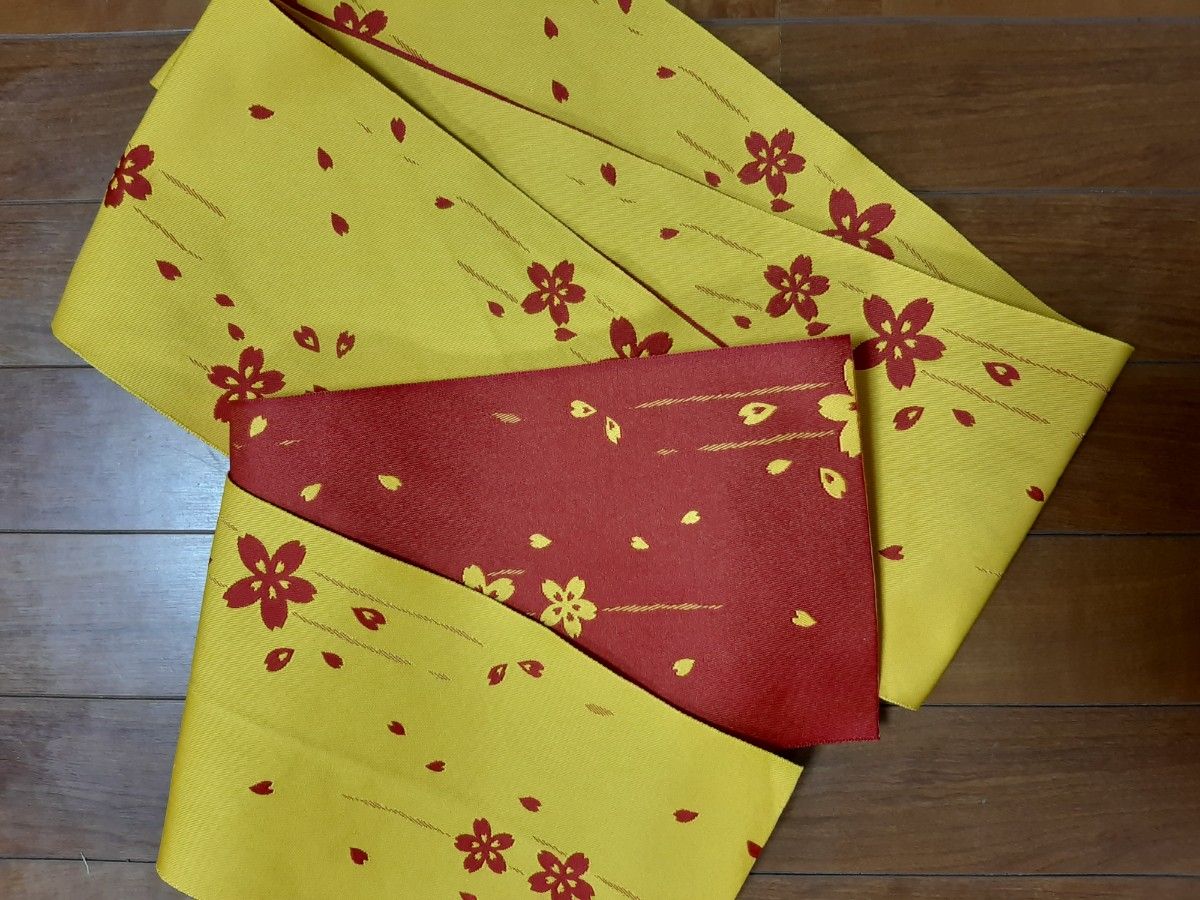 さくら柄 リバーシブル 半幅帯 赤 黄色 アンティーク 昭和レトロ