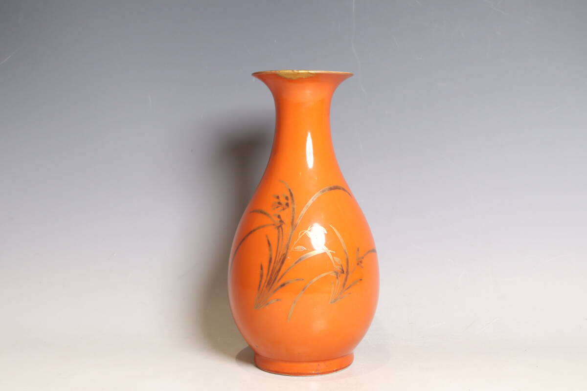中国美術 珊瑚地題詩花卉紋玉壺春瓶 唐物 清代紅釉壺（R719）_画像3