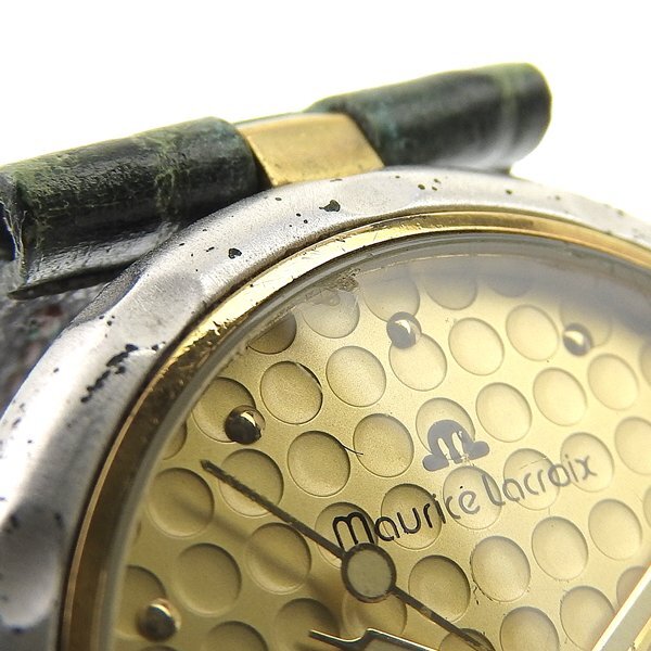 1円 稼働 モーリスラクロア MAURICE LACROIX クオーツ デイト ゴールド文字盤 SS×レザー ボーイズ 腕時計の画像4