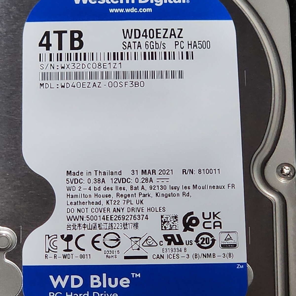 【送料無料】WesternDigtal WD Blue WD40EZAZ-00SF3B0 4TB 3.5インチ内蔵HDD 2021年製 フォーマット済み 正常品 PCパーツ 動作確認済_画像2