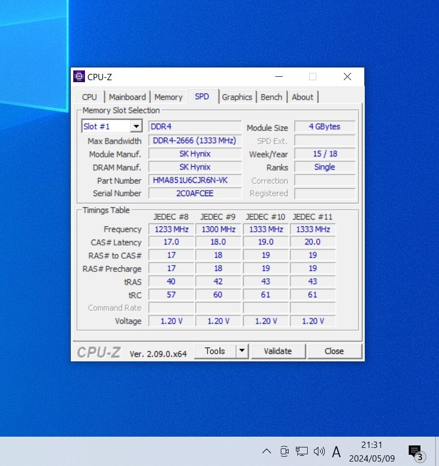 SK HYNIX DDR4-2666MHz 8GB (4GB×2枚キット) HMA851U6CJR6N-VK 動作確認済み デスクトップ用 PCメモリ 