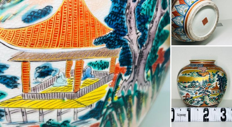 特大花瓶 九谷焼 陶峰造 金彩色絵山水人物図 花器 茶道具 骨董 特大花瓶 九谷焼 陶峰造 金彩色絵山水人物図 花器 茶道具 骨董