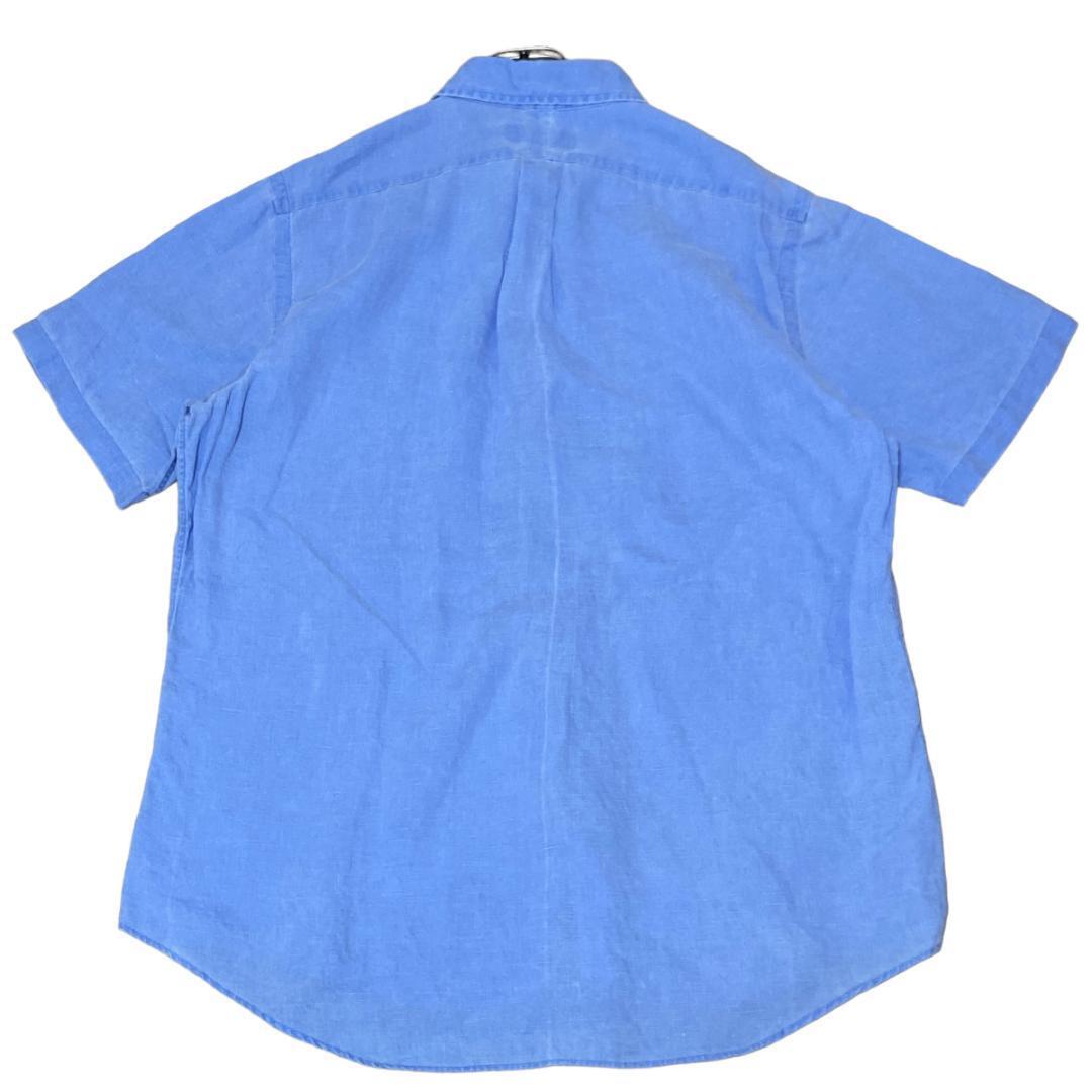 ラルフローレン BD半袖シャツ リネン100% ポニー刺繍 無地 青 f51 XL相当