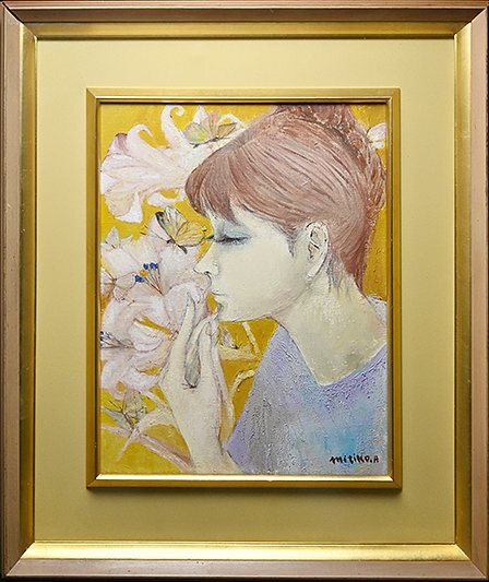 【 相澤 道子「花と少女」油彩 サイン入 F6 額装 y051909 】油絵 絵画 人物画 女流作家 洋画家 二科会会員 師 東郷青児 茨城県出身_画像1