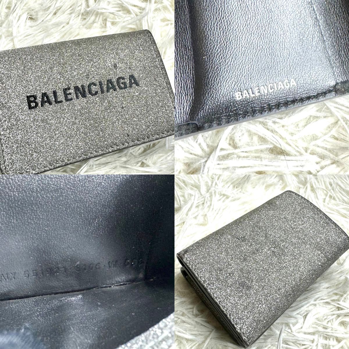 人気品 / BALENCIAGA バレンシアガ グリッターキャッシュミニウォレット 三つ折り財布 レザー シルバー 551921