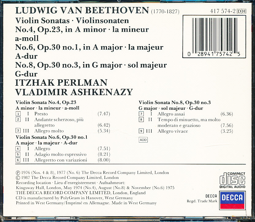 西独盤　ベートーヴェン　ヴァイオリン・ソナタNo.4,6,8　パールマン／アシュケナージ_画像2