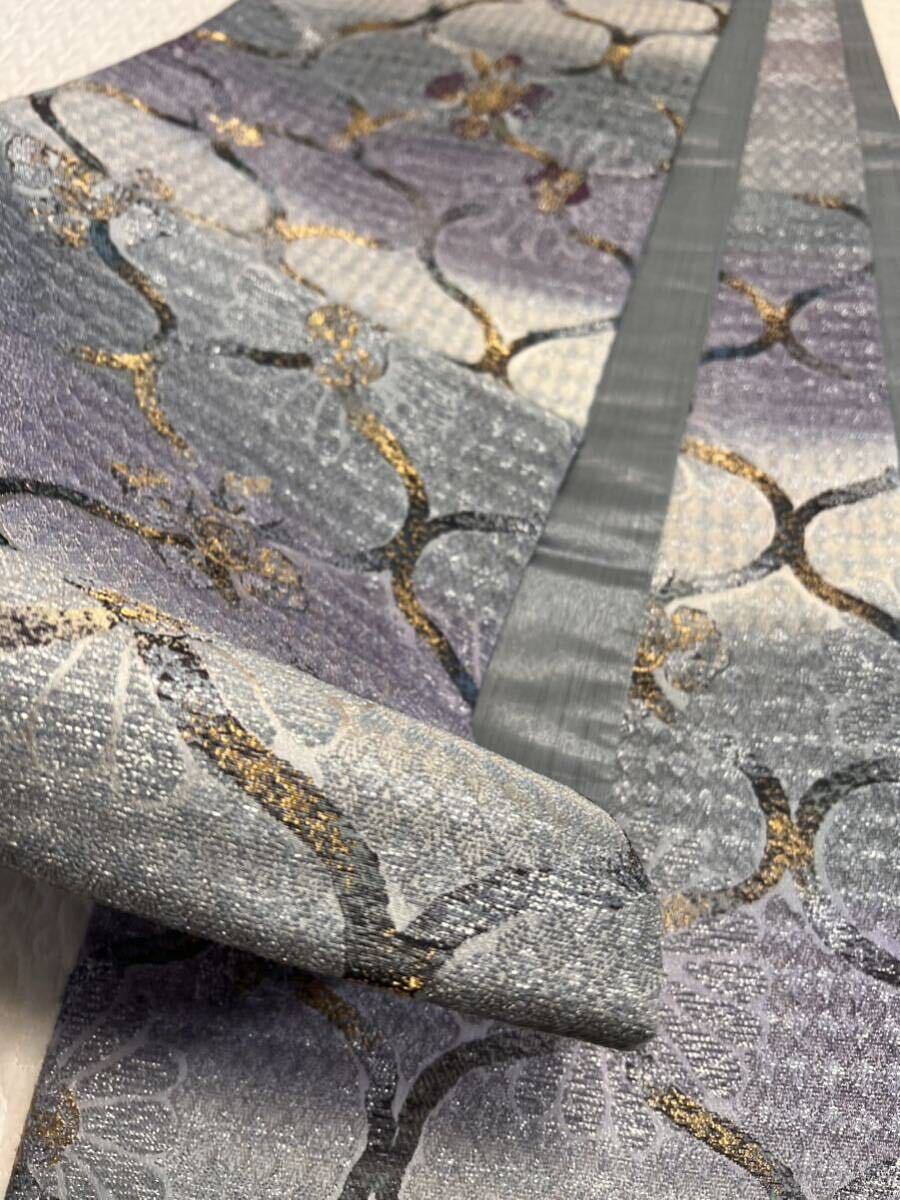 逸品 帯 金銀 紫水色系 袋帯 正絹 伝統織物 希少品 着物_画像9