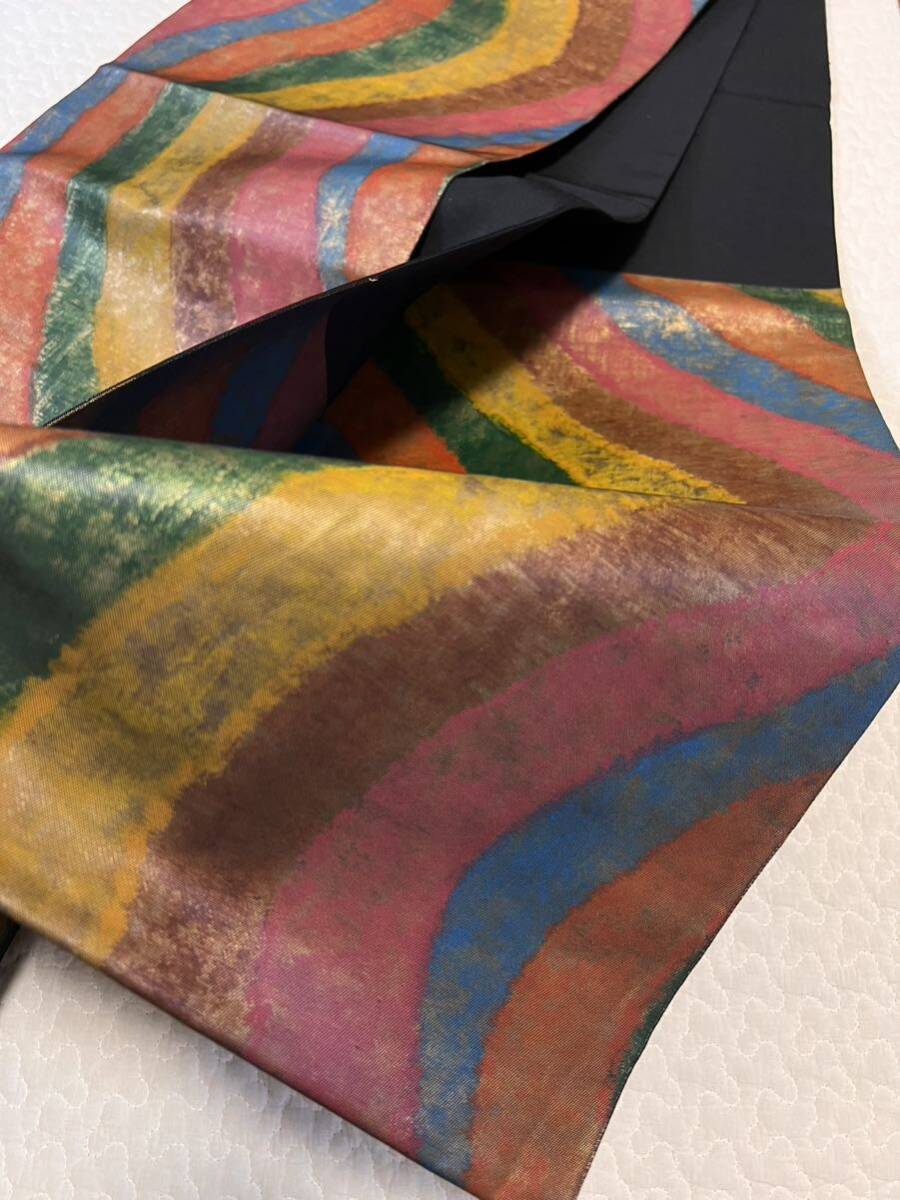 帯 虹色 曲線模様 袋帯 織物 きもの 黒地 和装 着物 _画像5
