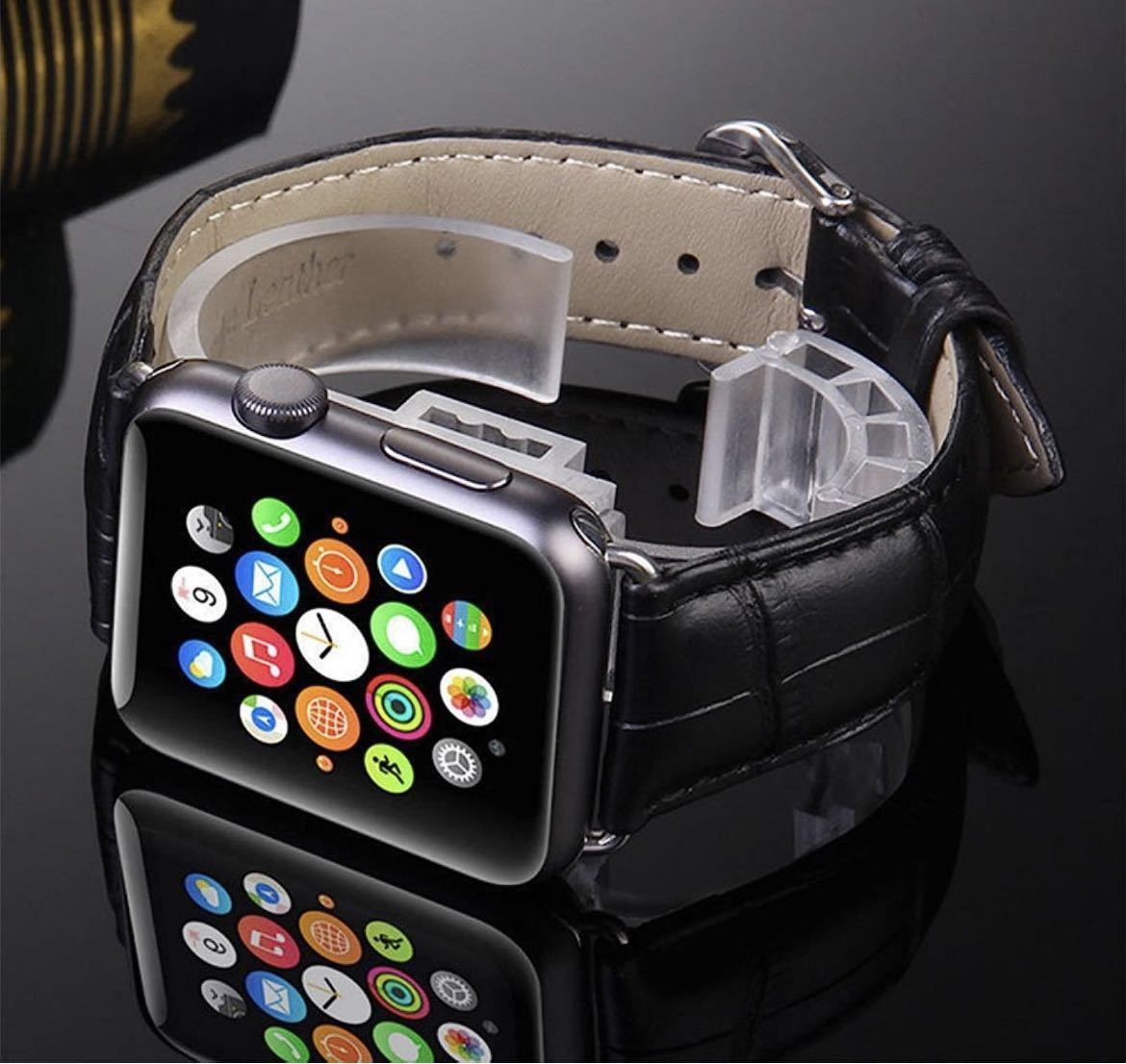 Apple Watch革バンドアップルウオッチ革ベルト38/40/41/42/44/45/49mm 全部在庫あり　クロコダイル ビジネスレーザーバンド黒