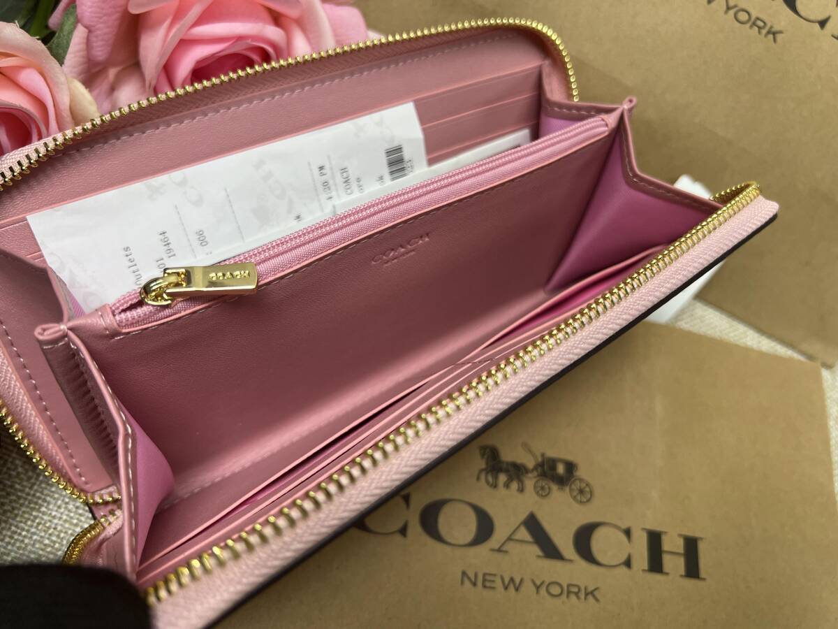 コーチ COACH 長財布 財布 アコーディオン ラウンドファスナー ジップアラウンド バタフライ 蝶々 プリント ピンク/ゴールド新品 C246 2857の画像9