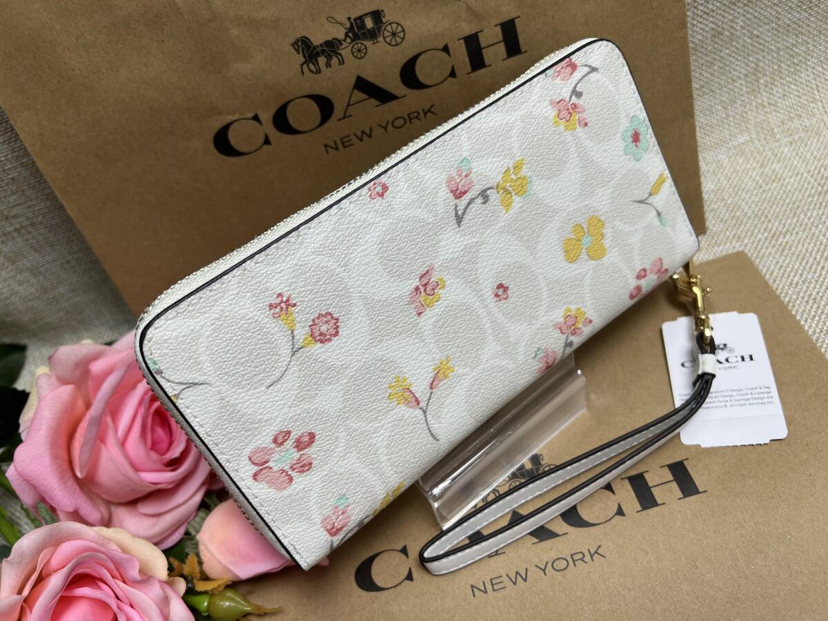 コーチ COACH 財布 レディース 長財布 フローラルプリント花柄 ストラップ ラウンドファスナー シグネチャー ピンク レザー C8695 A101 の画像4