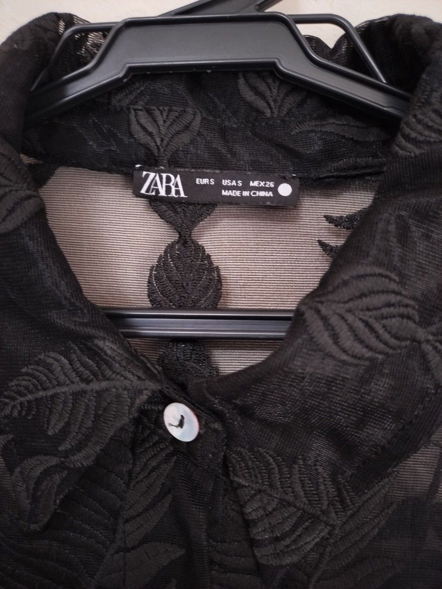 ZARA シースルーシャツ　ボタニカル　刺繍　ブラック ウールリッチ コットン