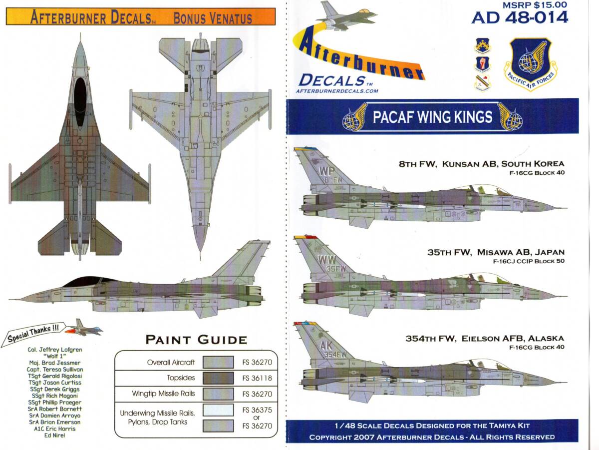 1/48アフターバーナーデカール Afterburner Decals AD48-014 F-16C Falcon Block 40/50 "PACAF Wing Kings"_画像4